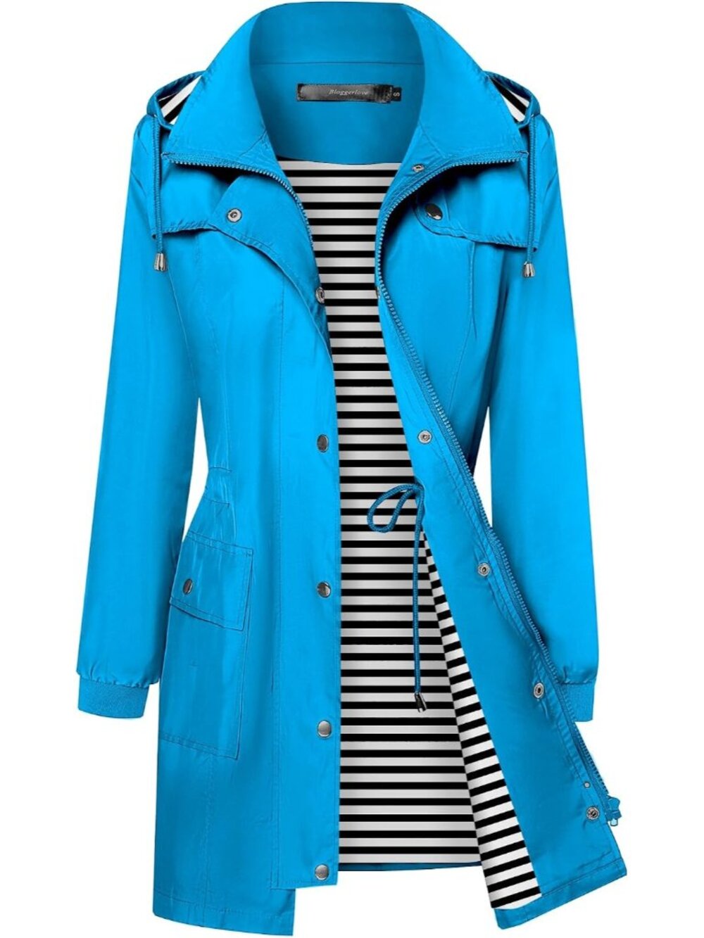 Womens Lake Blue Hooded Waterproof Striped Climbing Windbreaker Trench Rain Coat